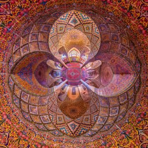 Rosa Moschee Ornament Orient Schiras Iran Nasir al molk. Pink Mosque Ceiling View Orient Shiraz.